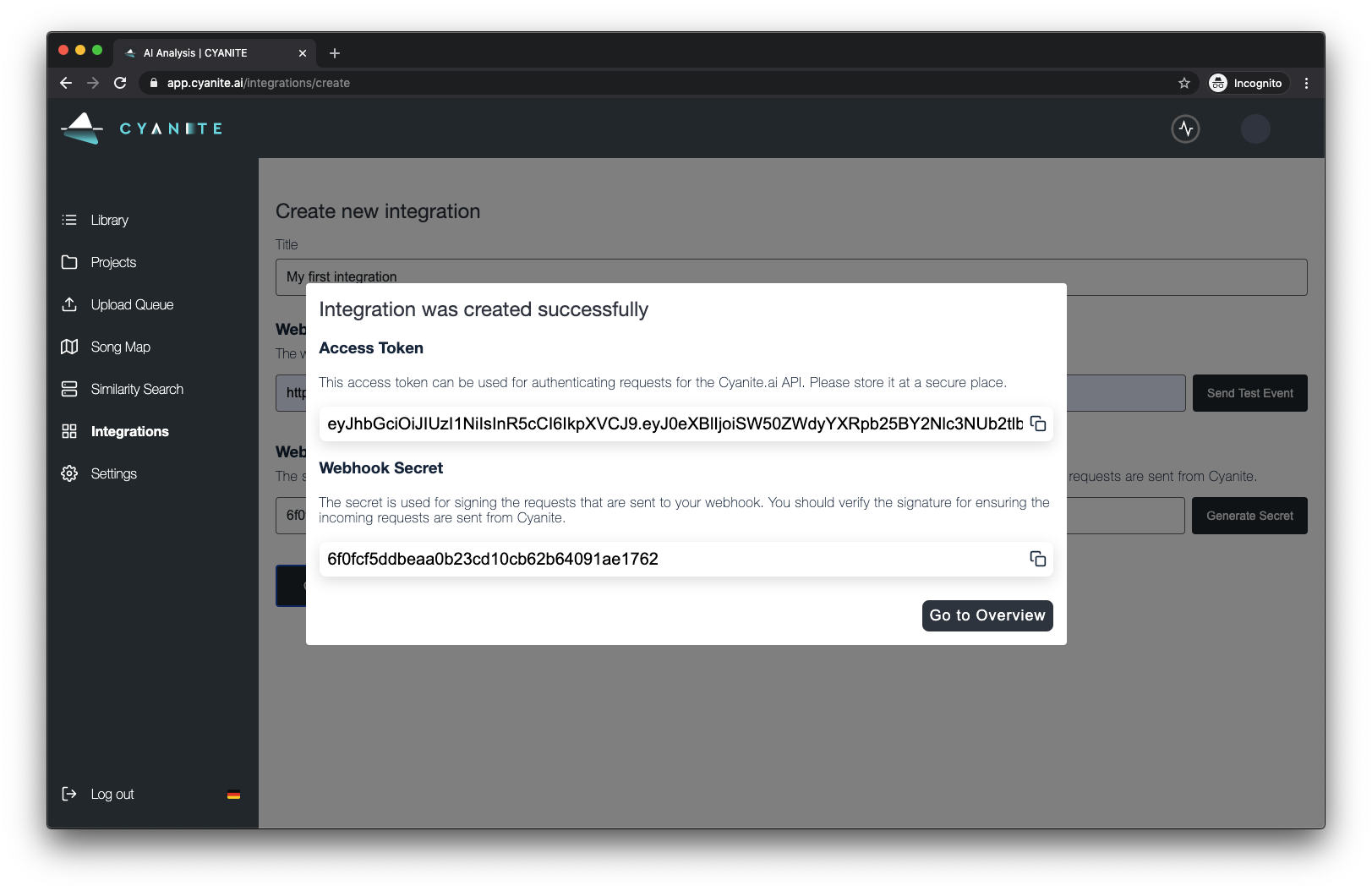 Screenshot: Integration Created Modal